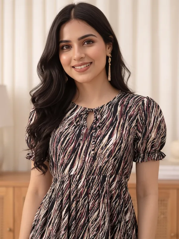 Black_Georgette_Short_Sleeve_Printed_One_Piece_For_Women
