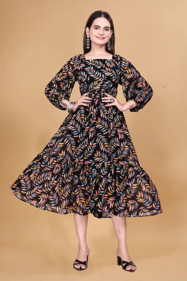 Black_Leaf_Print_Fit_And_Flare_Dress_For_Women