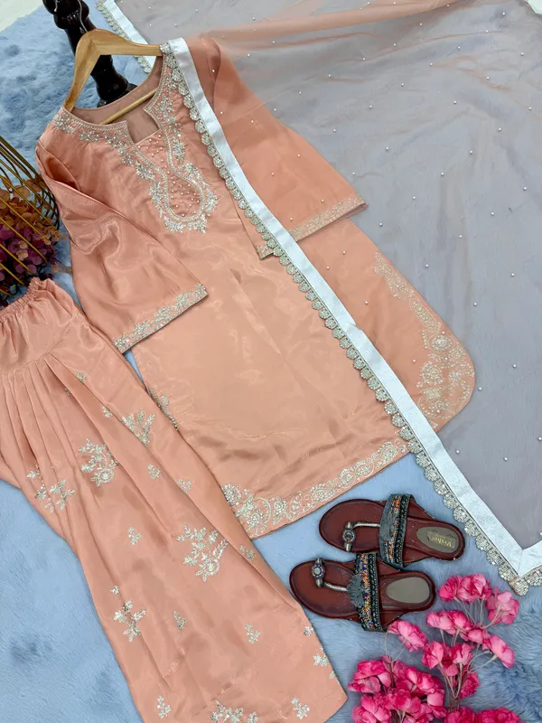 Peach_Embroidered_Three_Piece_Suit_Set_for_Women