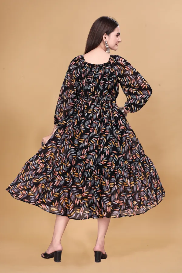 Black_Leaf_Print_Fit_And_Flare_Dress_For_Women