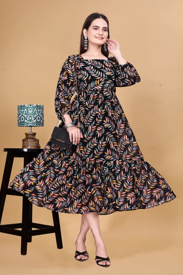 Black_Leaf_Print_Fit_And_Flare_Dress_For_Women