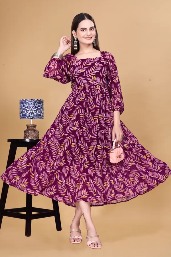 Purple_Georgette_Leaf_Print_Flared_Midi_Dress_For_Women