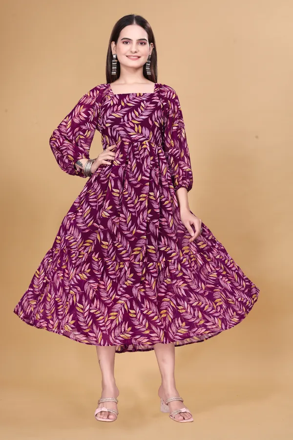 Purple_Georgette_Leaf_Print_Flared_Midi_Dress_For_Women