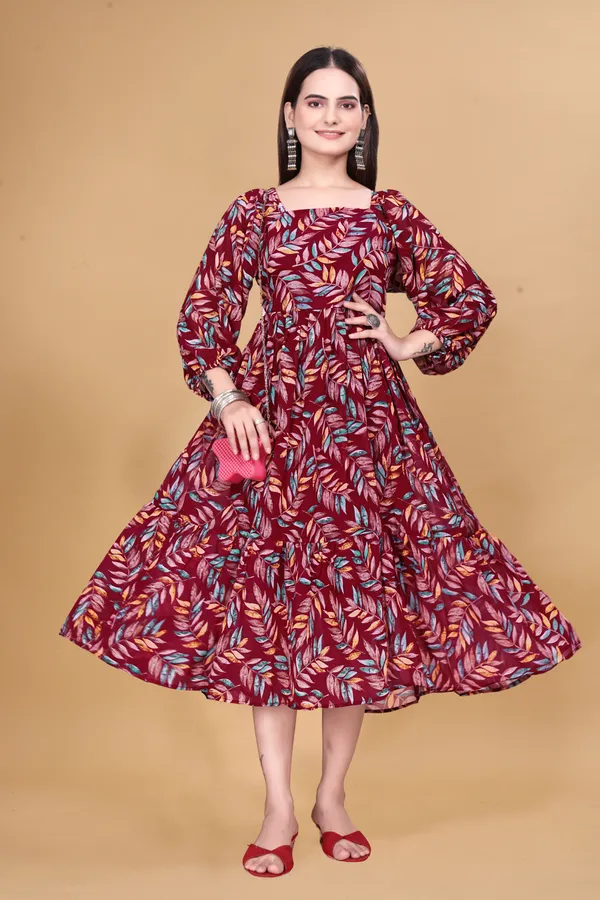 Maroon_Georgette_Printed_Fit_And_Flare_Dress_For_Women