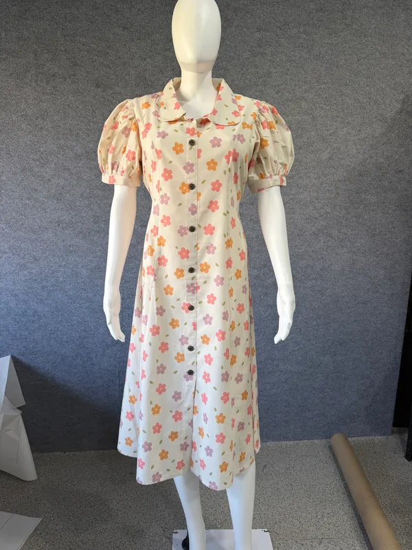 Cream_Georgette_Floral_Print_Puff_Sleeve_Dress_For_Women