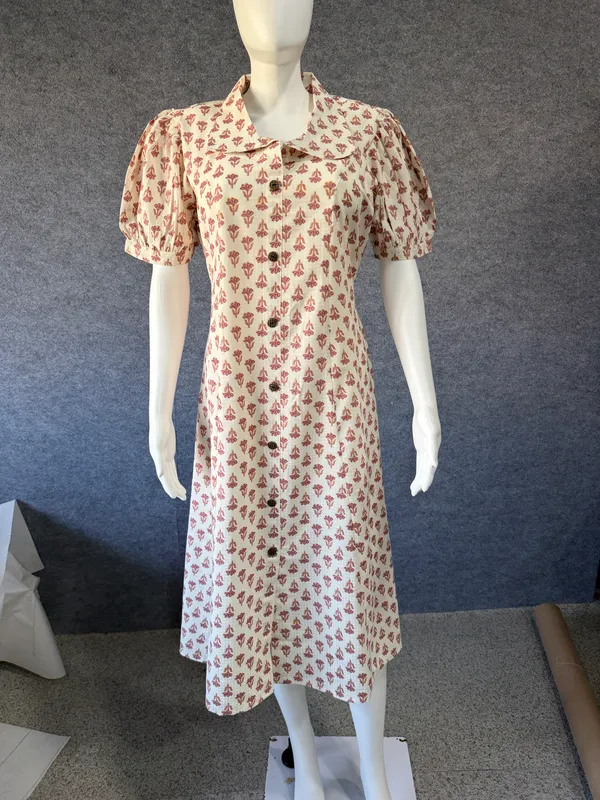 Cream_Georgette_Floral_Print_Puff_Sleeve_Midi_Dress_For_Women