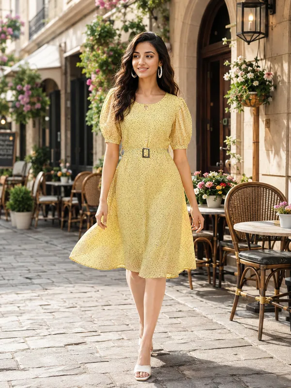 Yellow_Printed_Puff_Sleeve_A-Line_Dress_for_Women