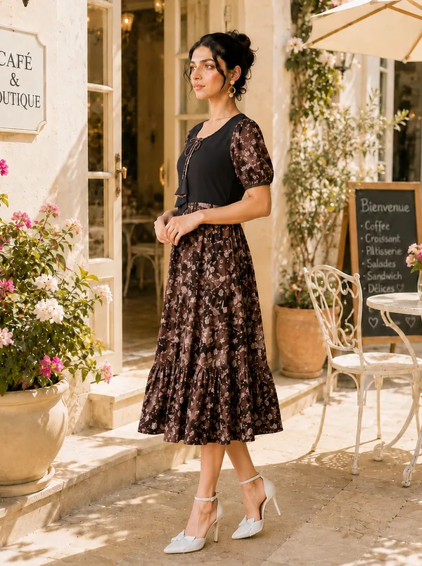 Brown_Floral_Midi_Dress_for_Women