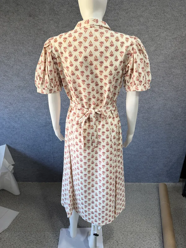 Cream_Georgette_Floral_Print_Puff_Sleeve_Midi_Dress_For_Women
