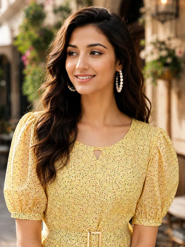 Yellow_Printed_Puff_Sleeve_A-Line_Dress_for_Women