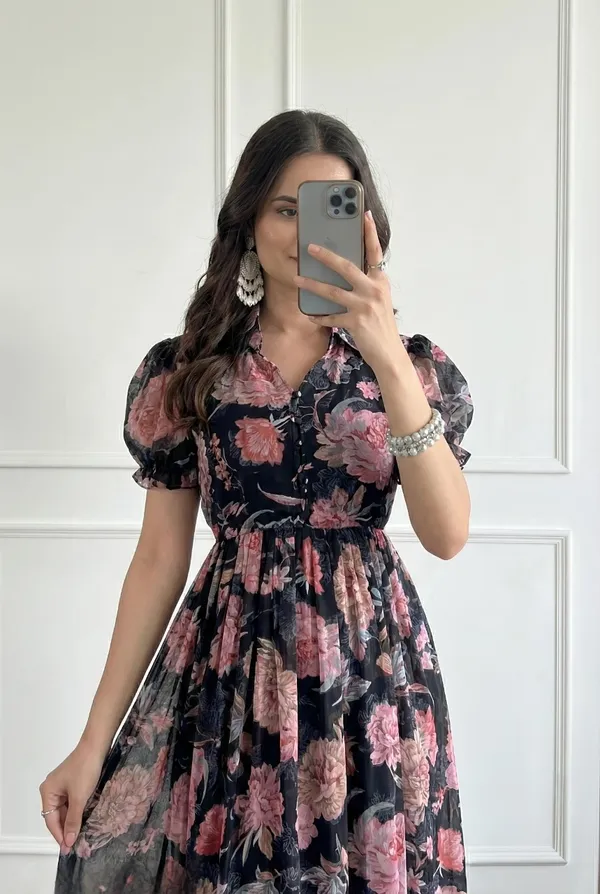 Black_Georgette_Floral_Print_Puff_Sleeve_Midi_Dress_For_Women