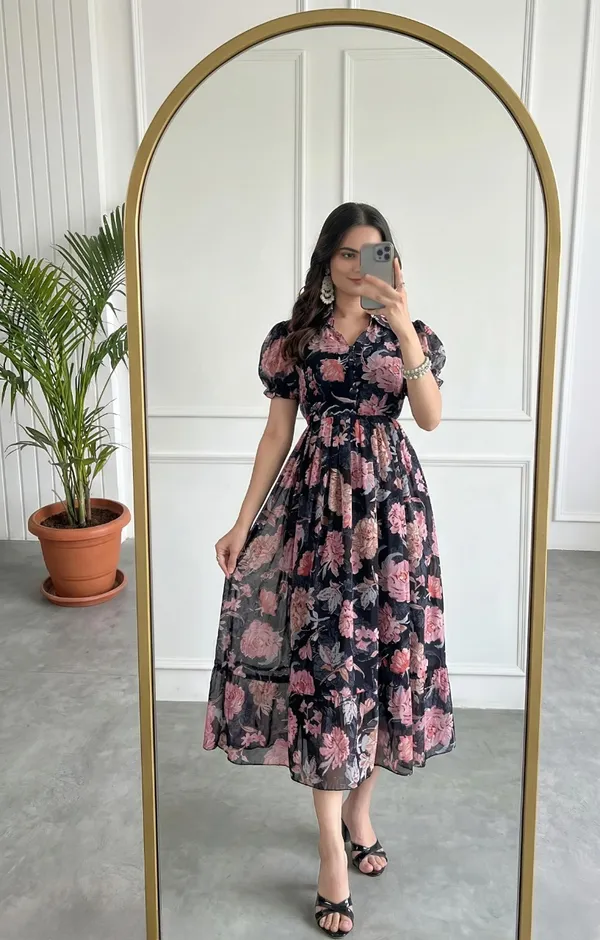 Black_Floral_Print_Puff_Sleeve_Midi_Dress_for_Women