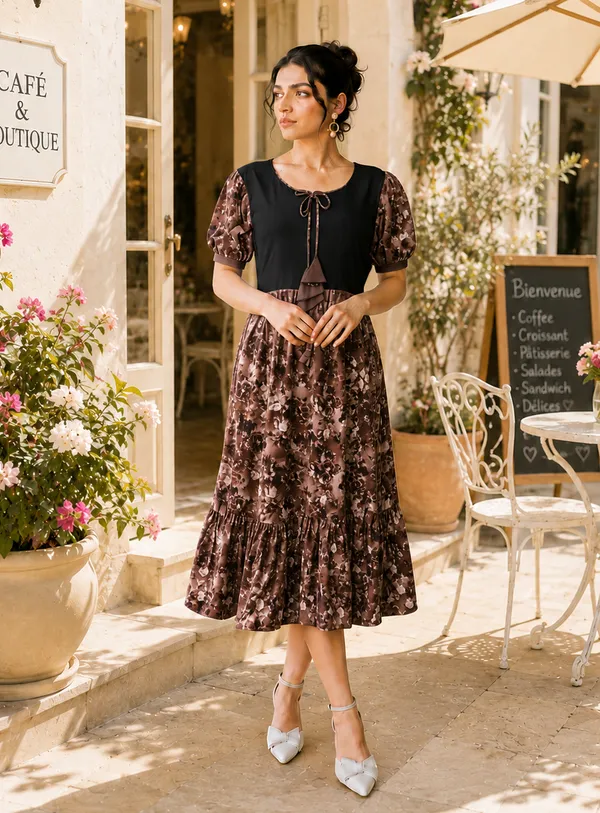 Brown_Floral_Midi_Dress_for_Women