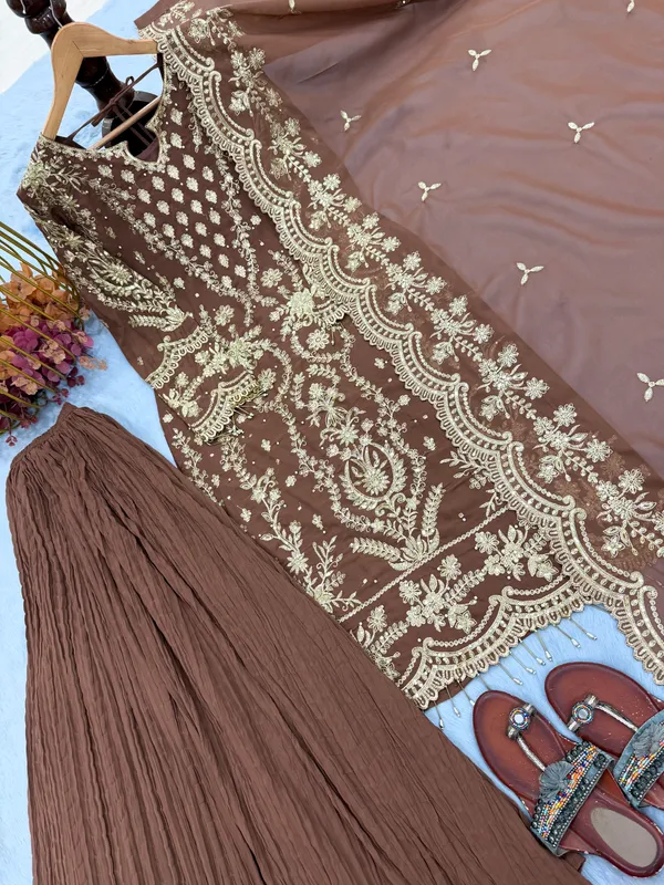 Brown_Embroidered_Three_Piece_Suit_Set_for_Women