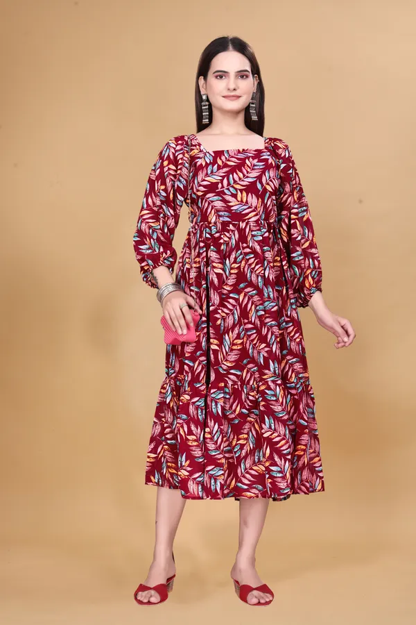 Maroon_Georgette_Printed_Fit_And_Flare_Dress_For_Women