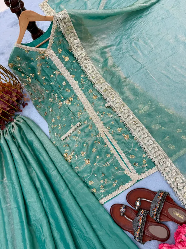 Teal_Fendi_Silk_Embroidered_Palazzo_Suit_Set_For_Women