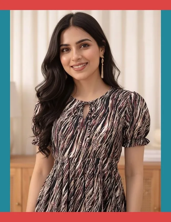 Black_Georgette_Short_Sleeve_Printed_One_Piece_For_Women