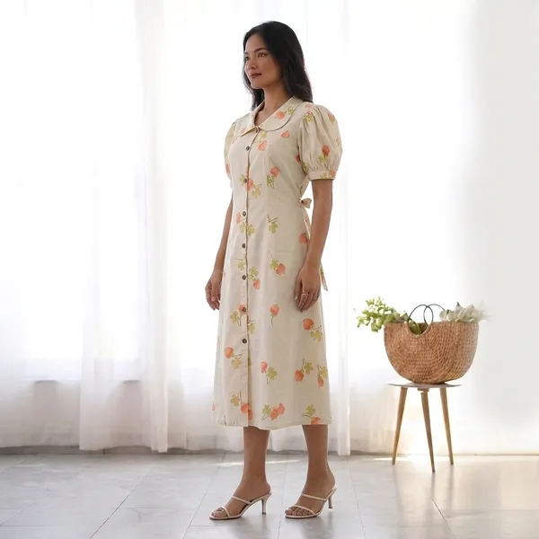 Cream_Georgette_Floral_Puff_Sleeve_Midi_Dress_For_Women