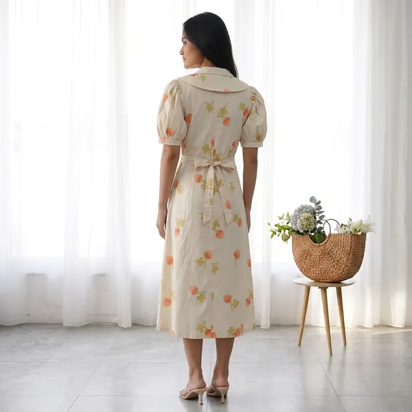Cream_Georgette_Floral_Puff_Sleeve_Midi_Dress_For_Women