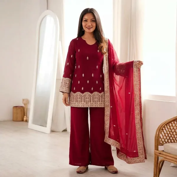 Burgundy_Cotton_3_Pcs_Palazzo_Pair_For_Women