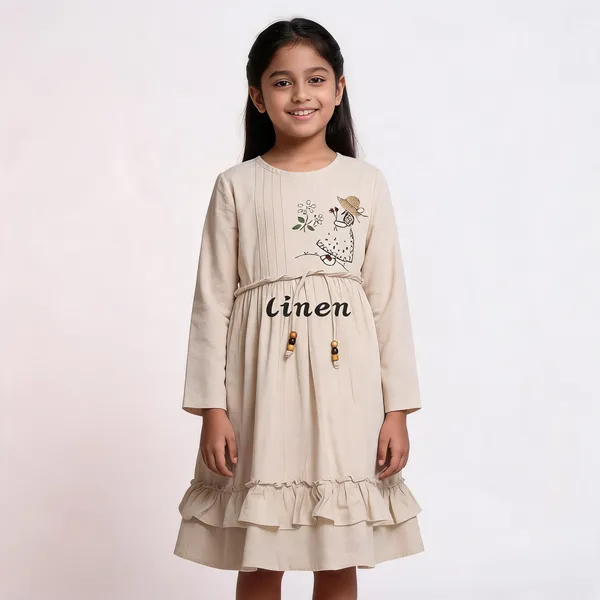 Beige_Linen_Embroidered_Frill_Hem_Girls_Dress