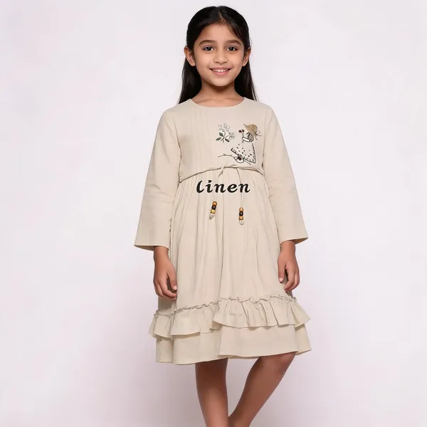 Beige_Linen_Embroidered_Frill_Hem_Girls_Dress