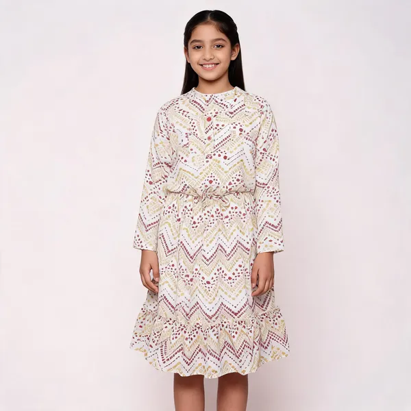 White_Printed_Chevron_Long_Sleeve_Dress_For_Girls