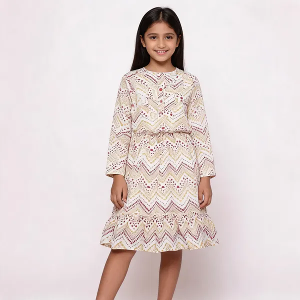 White_Printed_Chevron_Long_Sleeve_Dress_For_Girls