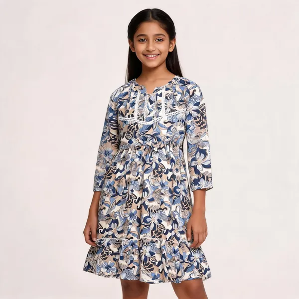 Blue_Floral_Print_Fit_And_Flare_Dress_For_Girls