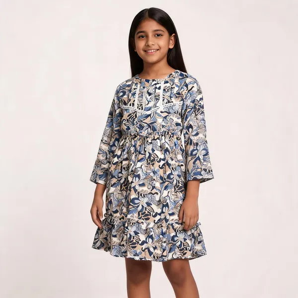 Blue_Floral_Print_Fit_And_Flare_Dress_For_Girls