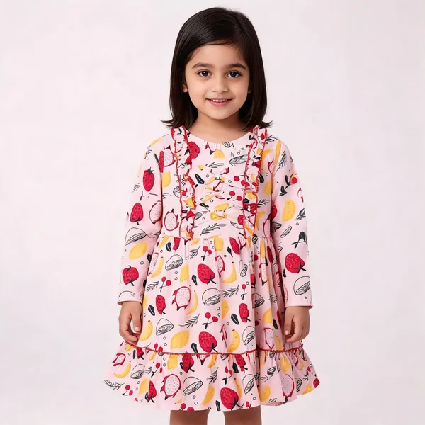 Pink_Cotton_Fruit_Print_Ruffled_Dress_For_Baby_Girls