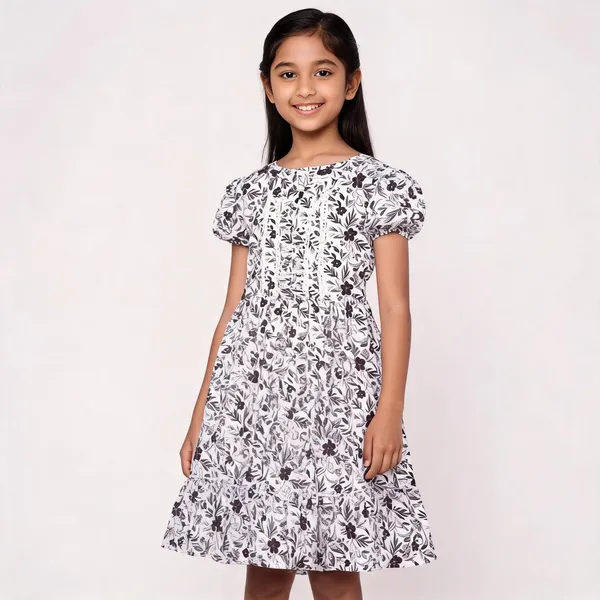 White_Floral_Print_Puff_Sleeve_Fit_And_Flare_Dress_For_Girls