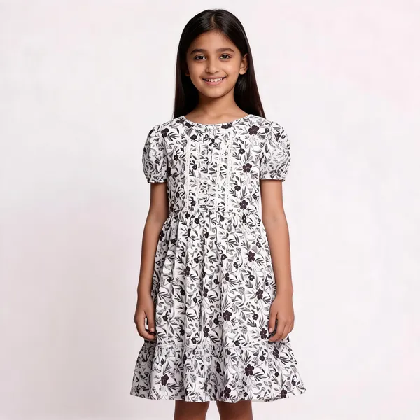 White_Floral_Print_Puff_Sleeve_Fit_And_Flare_Dress_For_Girls