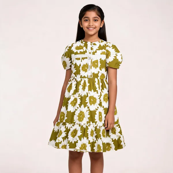 Olive_Green_Cotton_Sunflower_Print_Fit_And_Flare_Dress_For_Girls