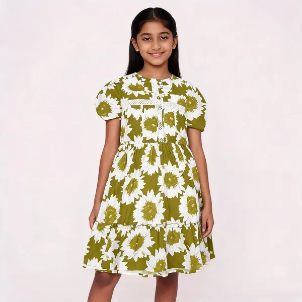 Olive_Green_Cotton_Sunflower_Print_Fit_And_Flare_Dress_For_Girls