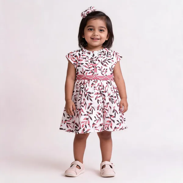 Pink_Leaf_Print_Cap_Sleeve_Fit_And_Flare_Baby_Dress