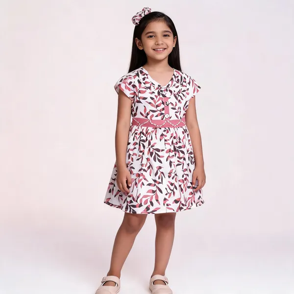 Pink_Leaf_Print_Cap_Sleeve_Fit_And_Flare_Baby_Dress