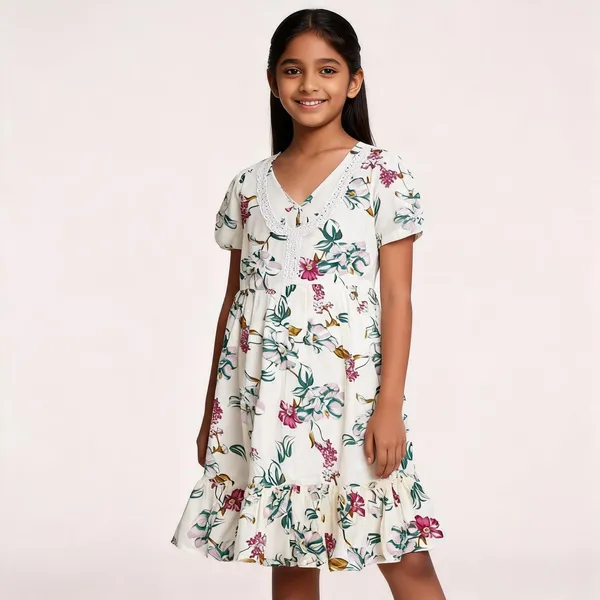 White_Floral_Print_Fit_And_Flare_Dress_For_Girls