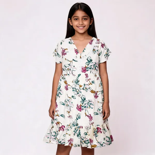 White_Floral_Print_Fit_And_Flare_Dress_For_Girls