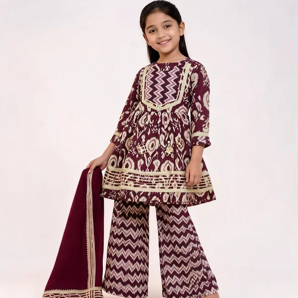 Maroon_Printed_Ikat_Sharara_Set_For_Girls