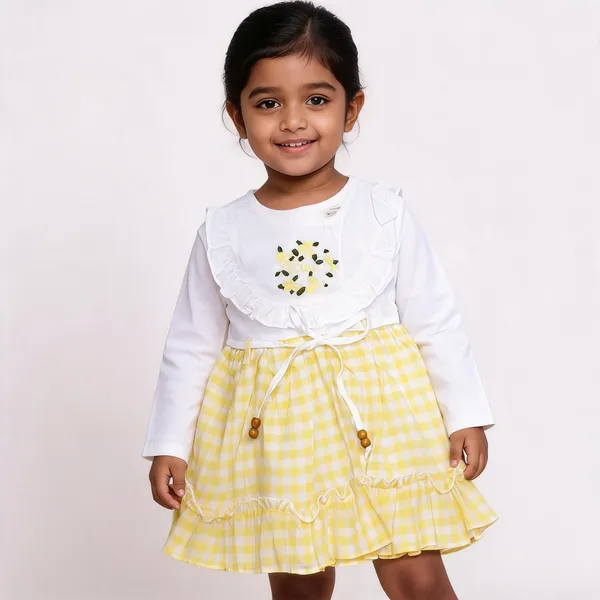 Yellow_White_Cotton_Checkered_Full_Sleeve_Dress_For_Baby_Girls