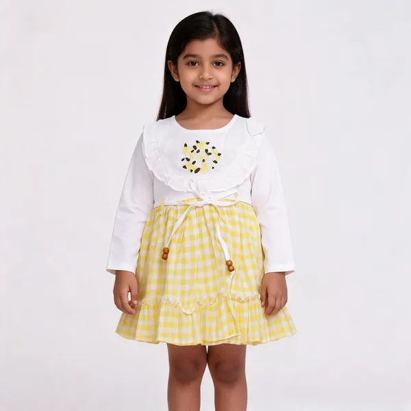 Yellow_White_Cotton_Checkered_Full_Sleeve_Dress_For_Baby_Girls