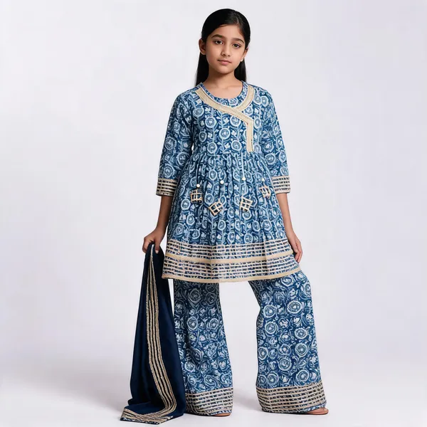 Blue_Printed_Angrakha_Style_Sharara_Set_For_Girls