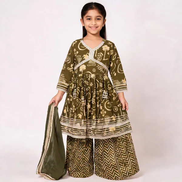 Olive_Printed_Sharara_Set_For_Girls