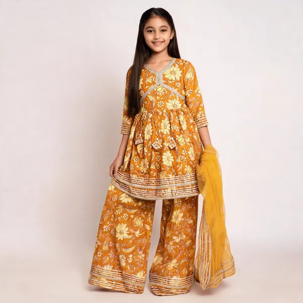 Mustard_Yellow_Floral_Print_Sharara_Set_For_Girls