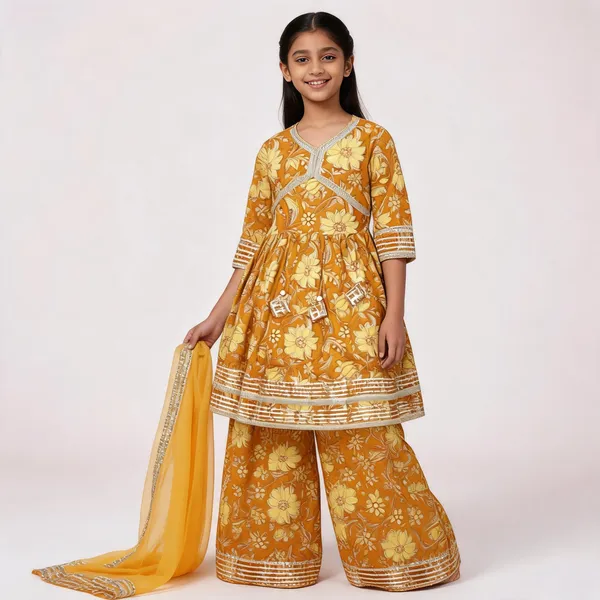 Mustard_Yellow_Floral_Print_Sharara_Set_For_Girls