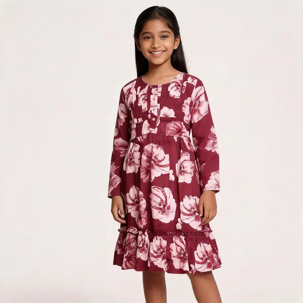 Maroon_Floral_Print_Full_Sleeve_Frock_For_Girls