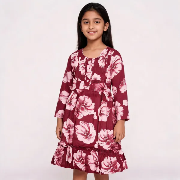 Maroon_Floral_Print_Full_Sleeve_Frock_For_Girls