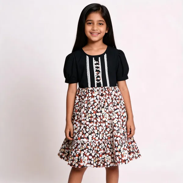 Black_Floral_Print_Puff_Sleeve_Fit_And_Flare_Dress_For_Girls