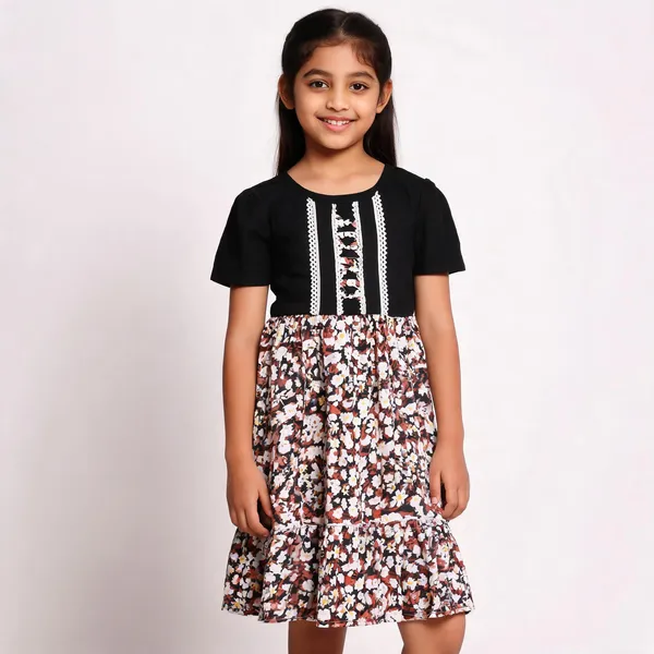 Black_Floral_Print_Puff_Sleeve_Fit_And_Flare_Dress_For_Girls